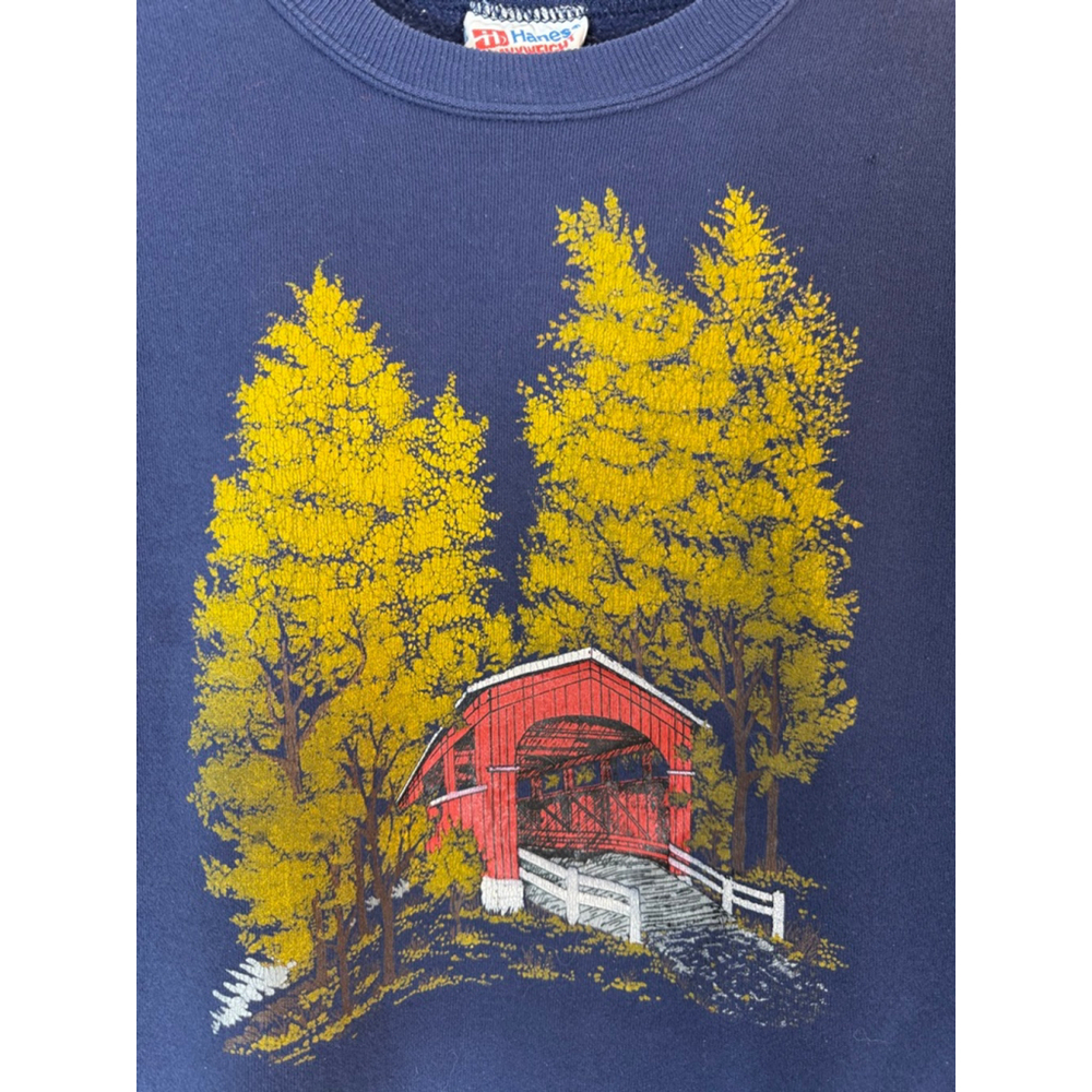 Unisex Vintage 90’s Hanes Sweatshirt size XL Blue Yellow Covered Bridge Graphic - Picture 3 of 7